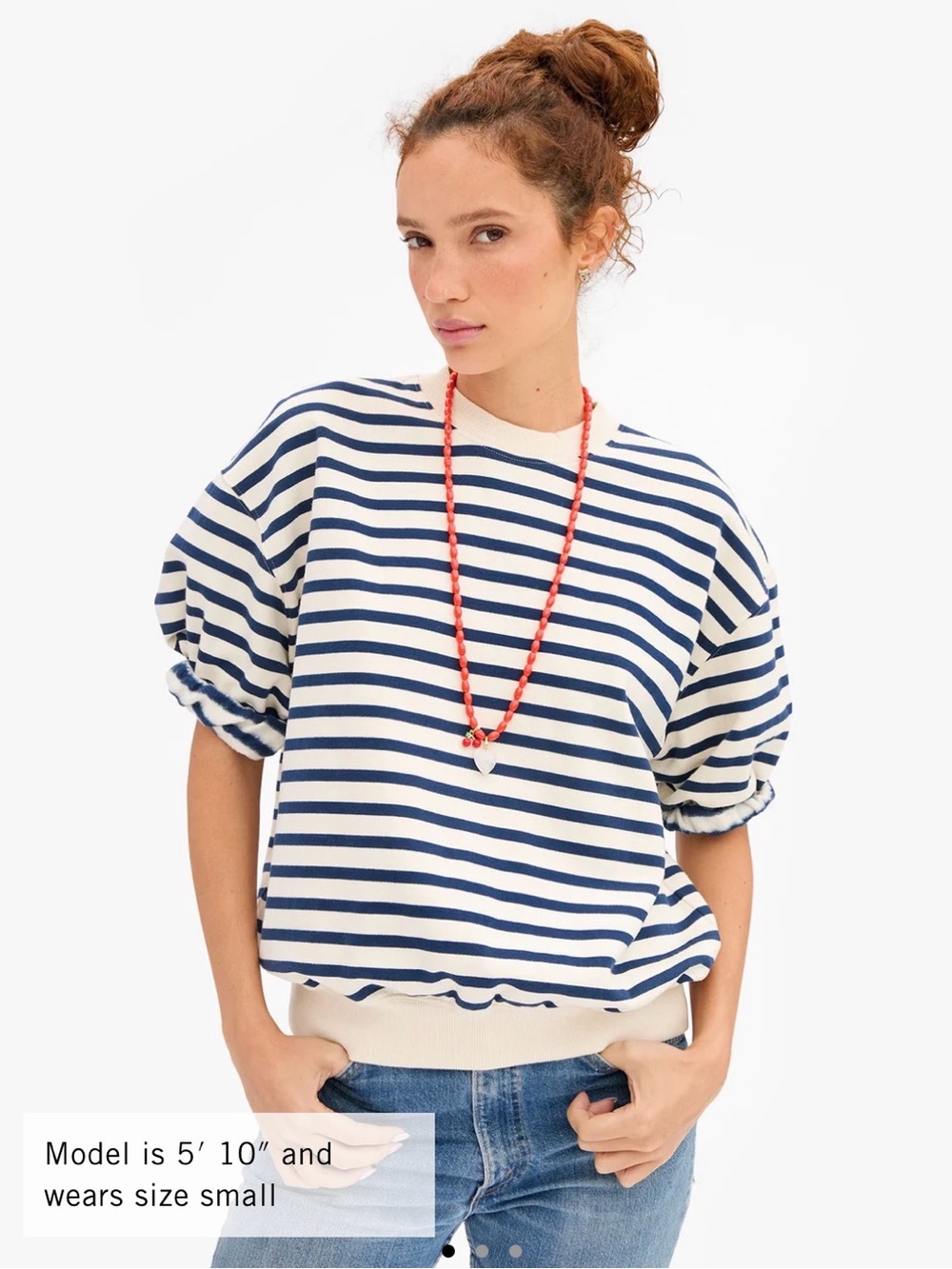 Striped Puff-Sleeve Sweatshirt - White & Navy